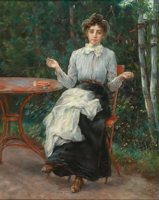The Painters Daughter Sewing In The Garden According To Family Tradition Wall Art by Otto Piltz - High-Resolution Digital Print