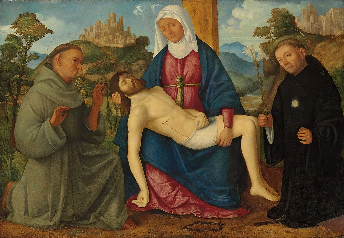 The Pieta With Saints Francis And Nicholas Of Tolenti Wall Art by Marcello Fogolino - High-Resolution Digital Print