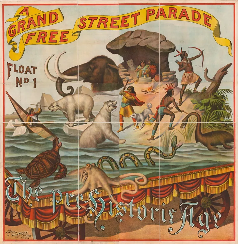 The Pre Historic Age A Grand Free Street Parade Float No 1 Wall Art by Russell, Morgan & Co. - High-Resolution Digital Print