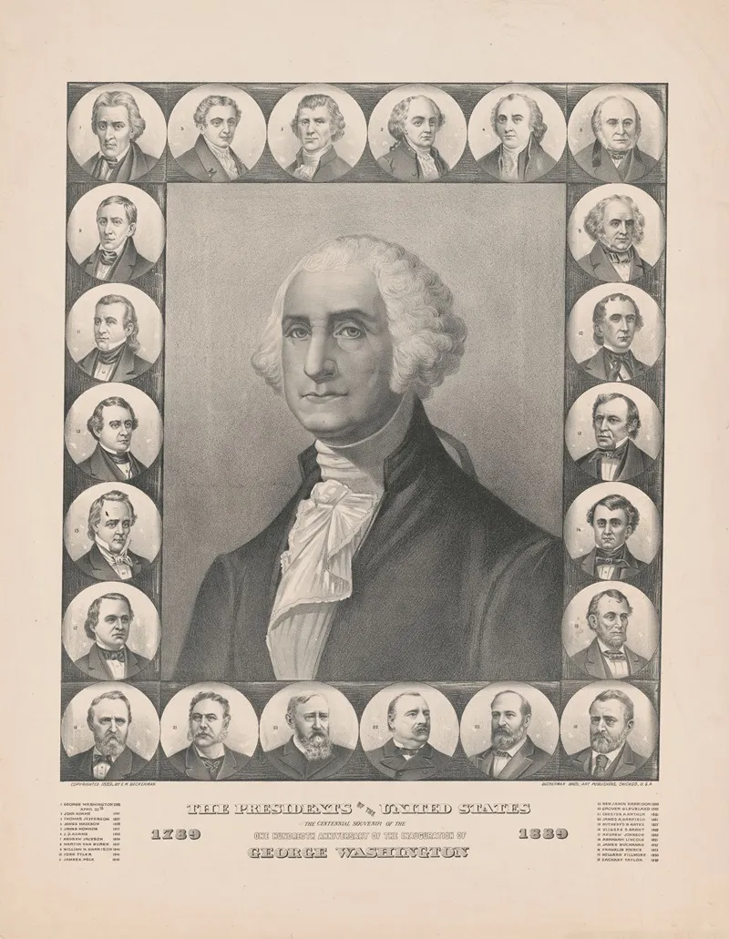 The Presidents Of The United States The Centennial Souvenir Of The One Hundredth Anniversary Of The Inauguration Of George Washington 1789 1889 Wall Art by Beckerman Bros. - High-Resolution Digital Print