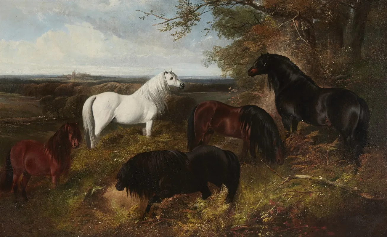 The Queens Ponies In Windsor Park With Windsor Castle Beyond Wall Art by Henry Barraud - High-Resolution Digital Print