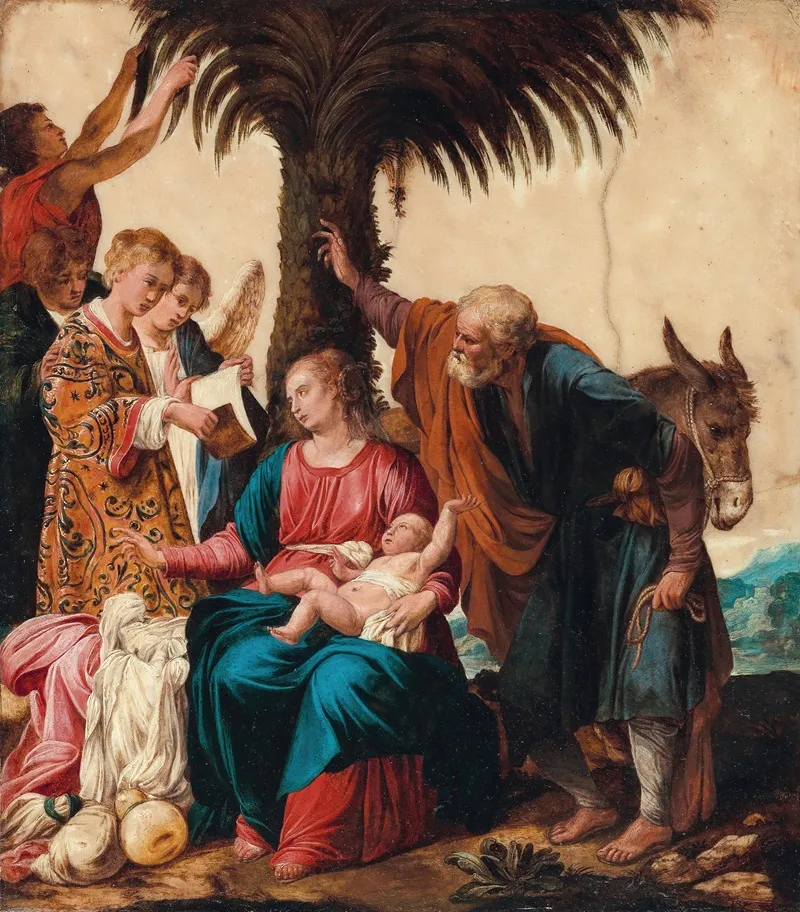 The Rest During The Flight Into Egypt With A Deacon And Three Angels Wall Art by Carlo Saraceni - High-Resolution Digital Print
