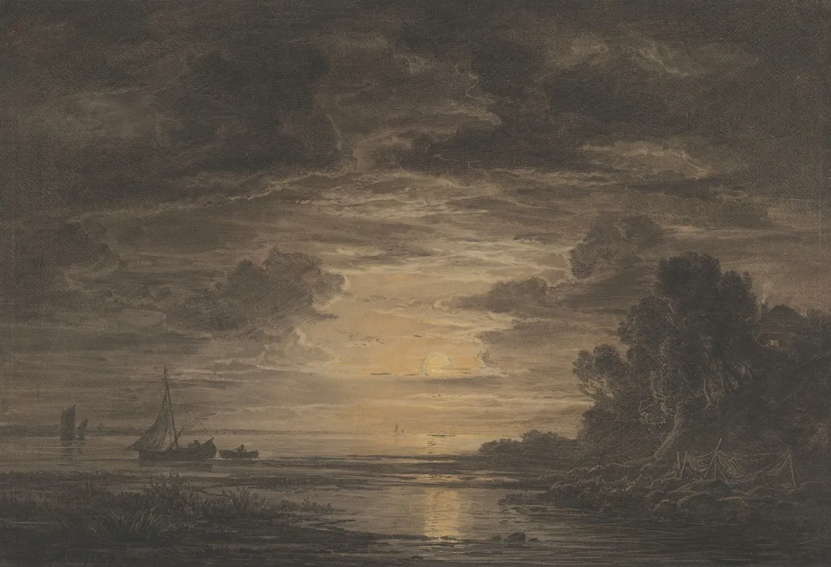 The River Elbe Downstream Of Hamburg By Moonlight Wall Art by Christian Ernst Morgenstern - High-Resolution Digital Print
