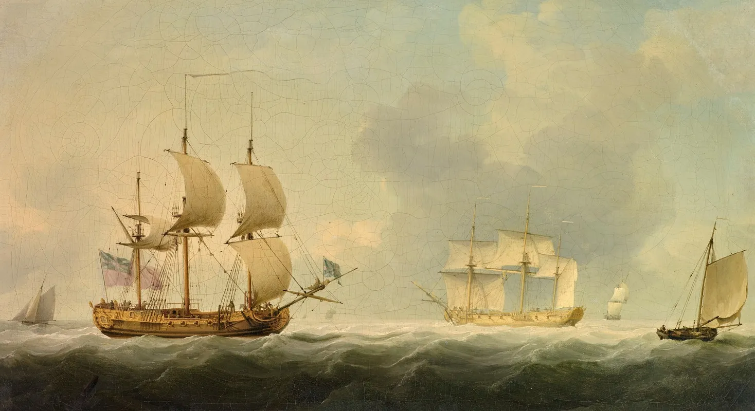 The Royal Caroline With An English Man Of War In The Channel With Other Ships And Fishing Boats Wall Art by Charles Brooking - High-Resolution Digital Print
