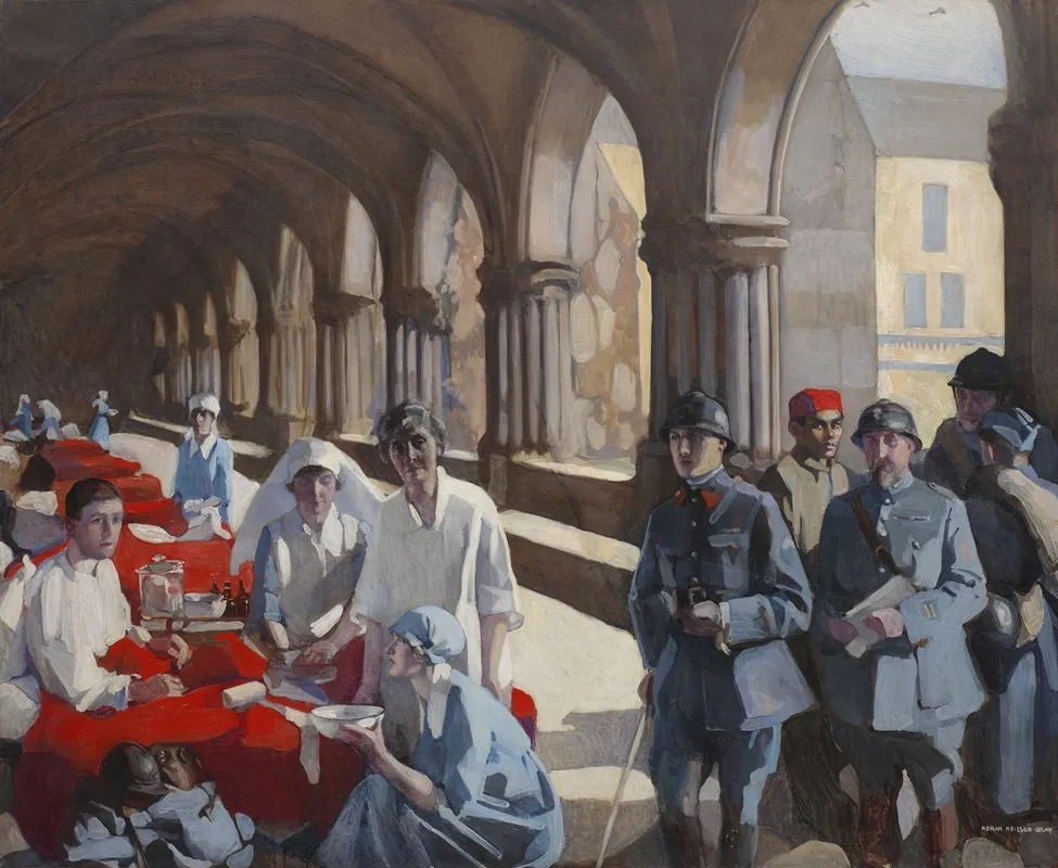 The Scottish Womens Hospital In The Cloister Of The Abbaye At Royaumont Dr Frances Ivens Inspecting A French Patient Wall Art by Norah Neilson Gray - High-Resolution Digital Print