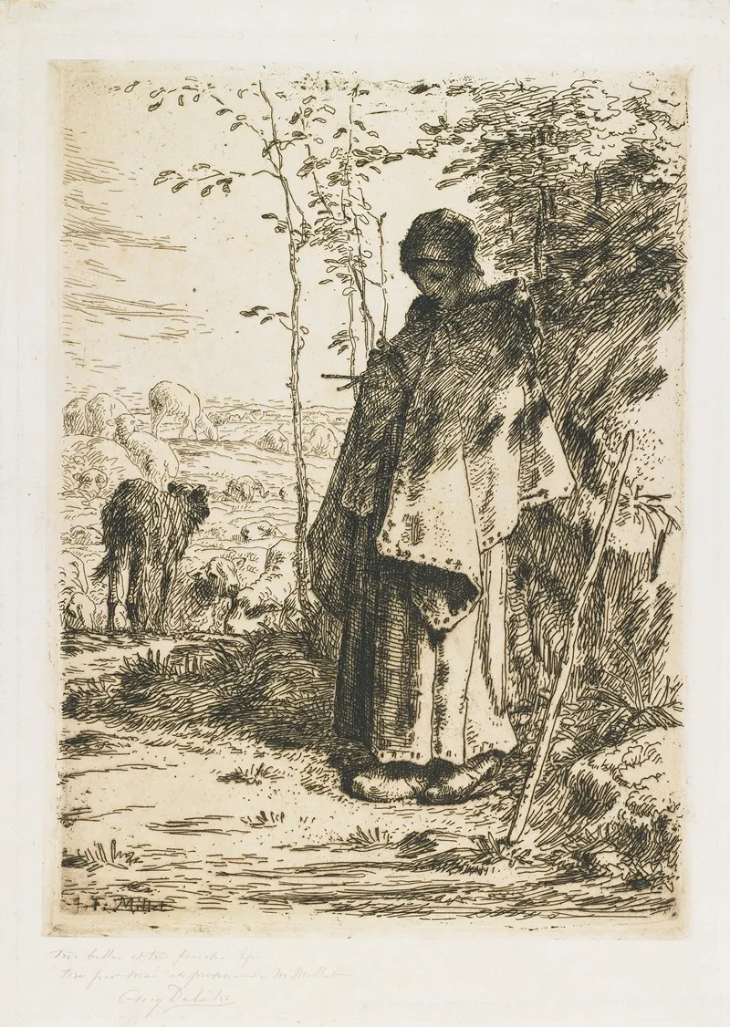The Shepherdess Knitting Wall Art by Jean-François Millet - High-Resolution Digital Print