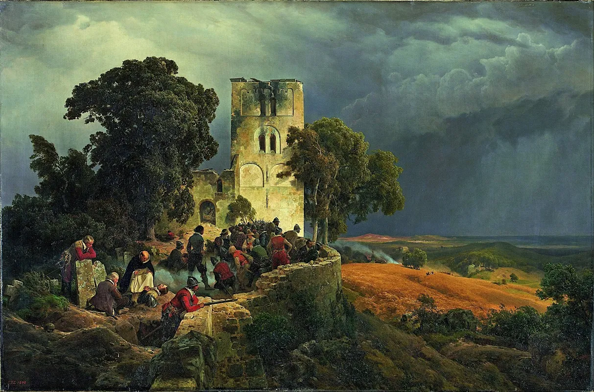 The Siege Defense Of A Church Courtyard During The Thirty Years War Wall Art by Karl Friedrich Lessing - High-Resolution Digital Print