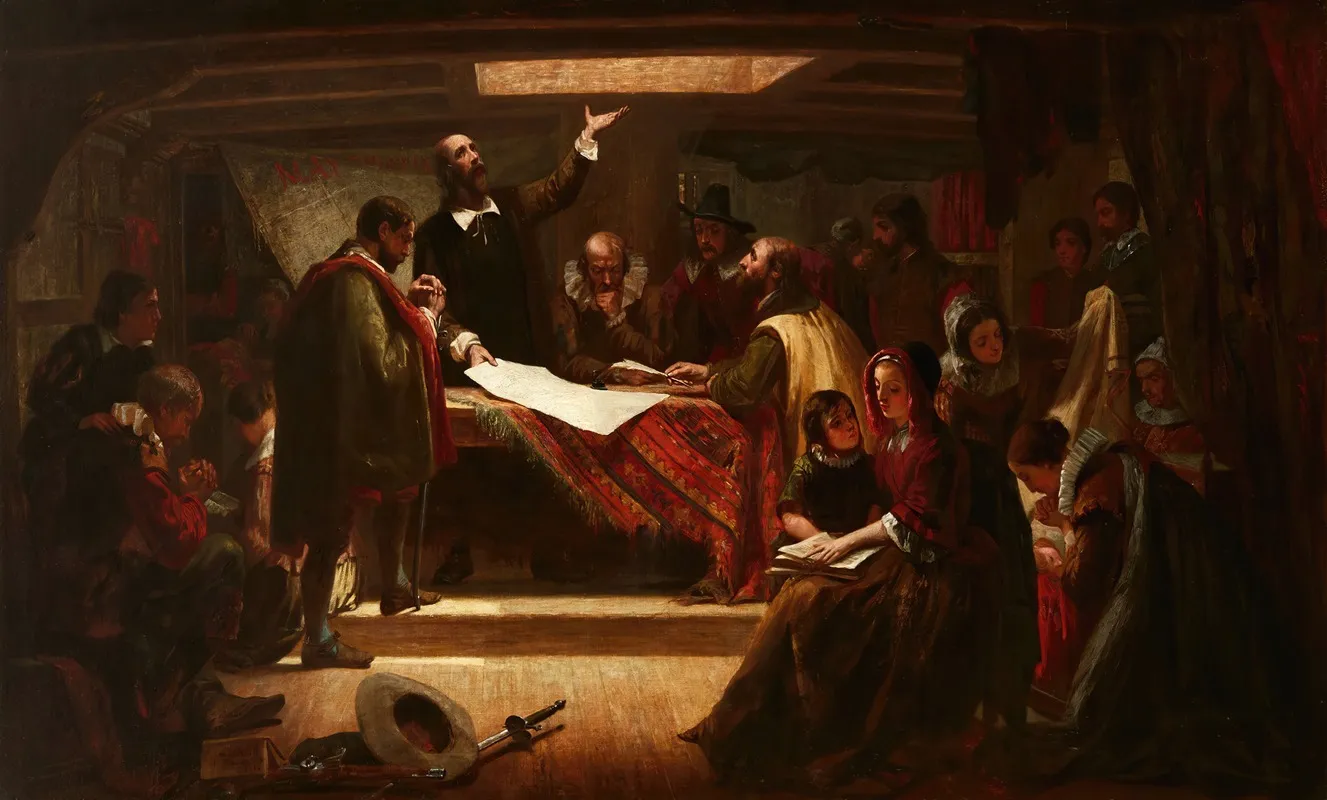 The Signing Of The Compact In The Cabin Of The Mayflower Wall Art by Edwin White - High-Resolution Digital Print