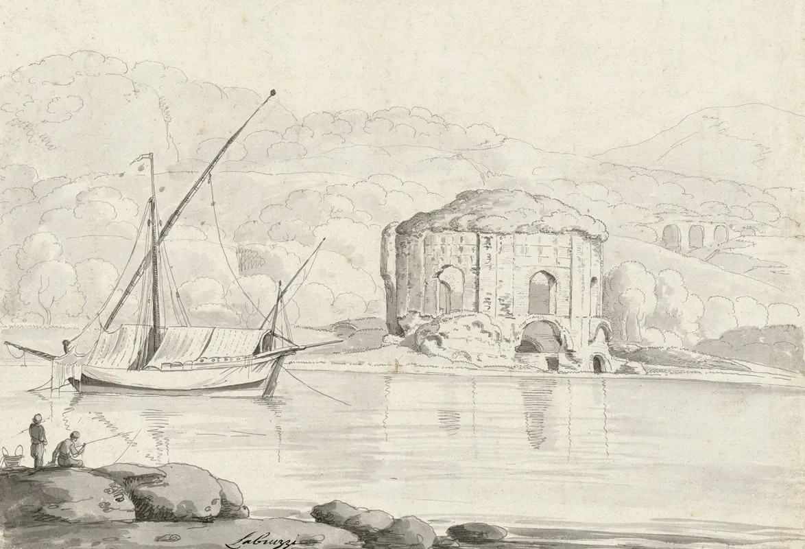 The So Called Temple Of Venus At Baiae With A Boat And Two Fishermen In The Foreground