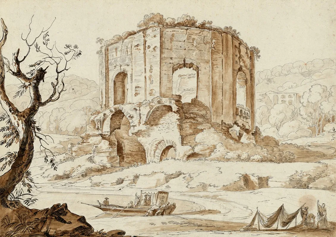 The So Called Temple Of Venus At Baiae With Tourists Preparing To Disembark And Fishermen Mending Nets