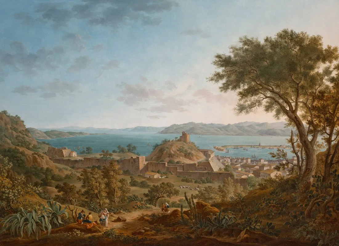 The Strait Of Messina Sicily From The West With A View Of The Fortifications And Port
