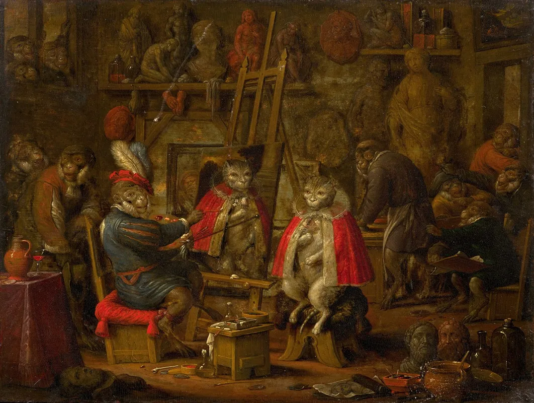 The Studio Of The Monkey Painter Wall Art by Nicolaes van Veerendael - High-Resolution Digital Print