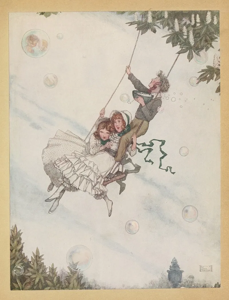 The Swing Moves And The Bubbles Fly Upward With Bright Ever Changing Colours
