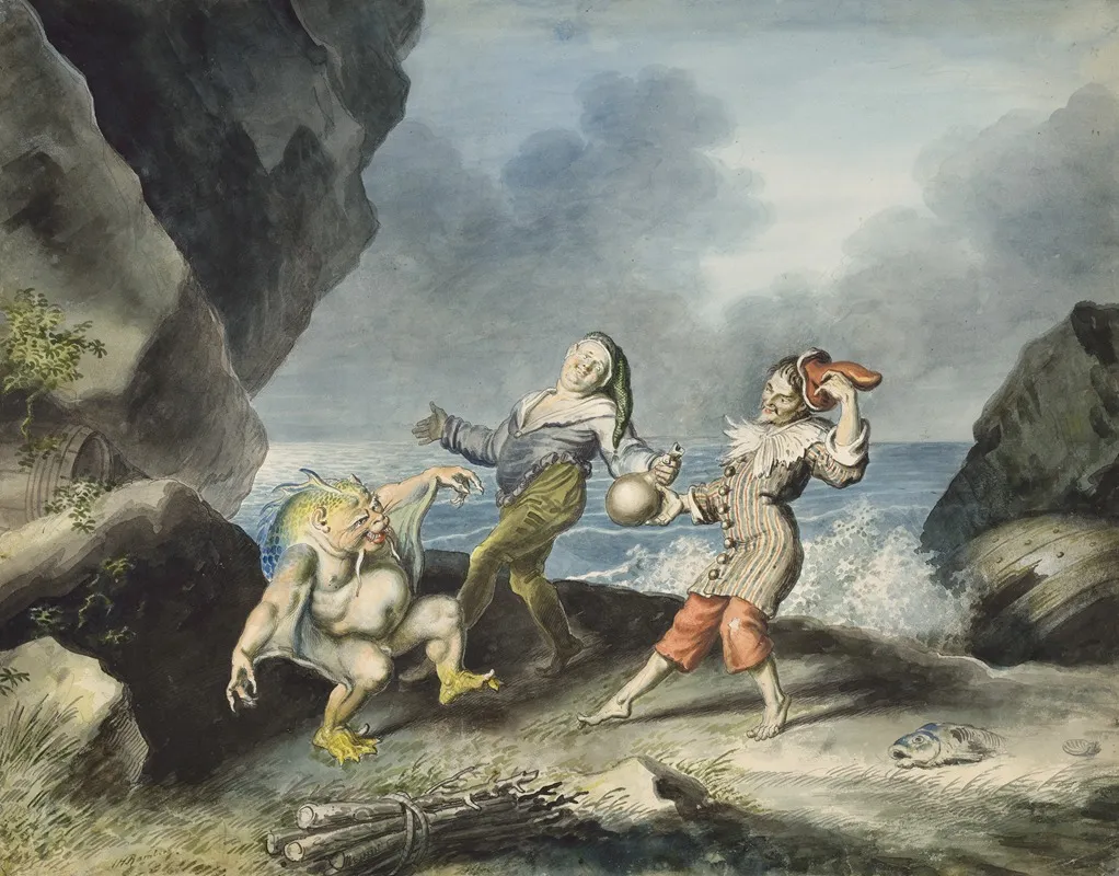 The Tempest Ii 2 Caliban Stephano And Trinculo On Seashore Wall Art by Johann Heinrich Ramberg - High-Resolution Digital Print