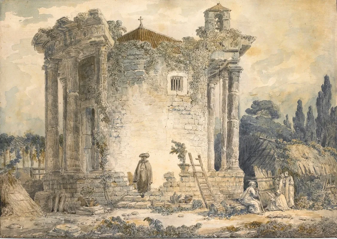 The Temple Of The Sibyl At Tivoli A Man In A Cloak And Hat Standing On The Steps A Group Of Monks To The Right Wall Art by Hubert Robert - High-Resolution Digital Print