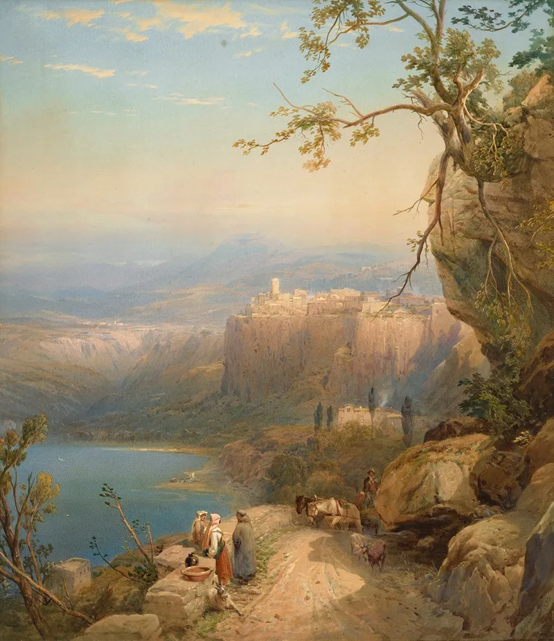 The Town And Lake Of Nemi South Italy Wall Art by Thomas Miles Richardson, Jr. - High-Resolution Digital Print