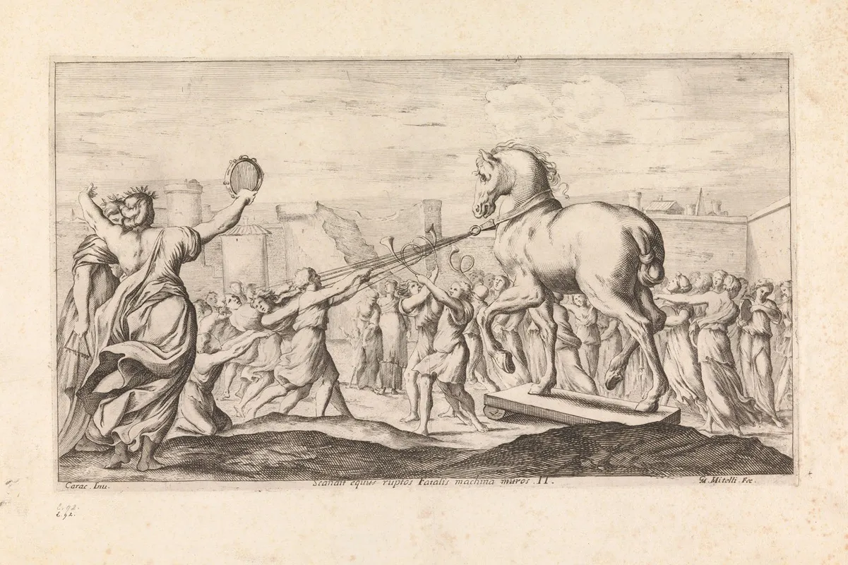 The Trojan Horse Entering Troy Scandit Equus Ruptos Fatalis Machina Muros Wall Art by Giuseppe Maria Mitelli - High-Resolution Digital Print