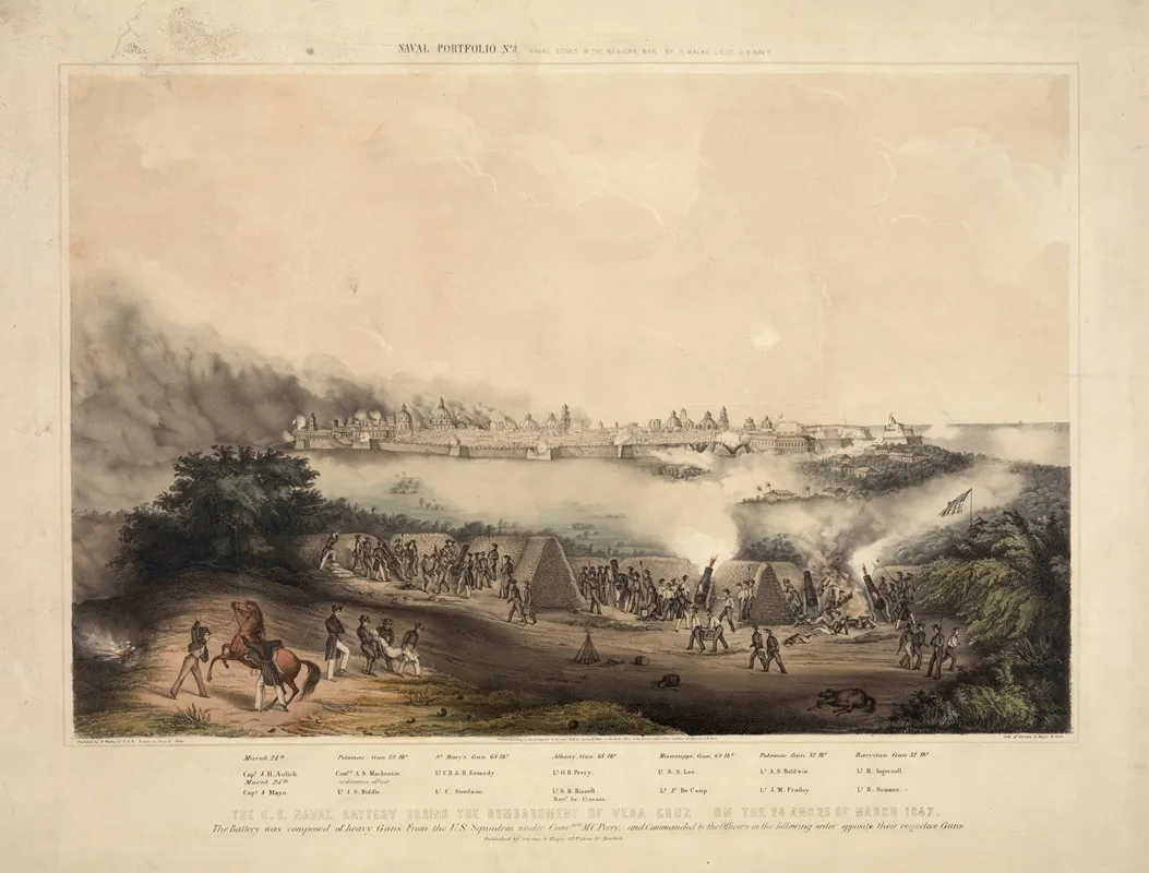 The U S Naval Battery During The Bombardment Of Vera Cruz On The 24 And 25 Of March 1847 Wall Art by Sarony, Major & Knapp Lith. - High-Resolution Digital Print