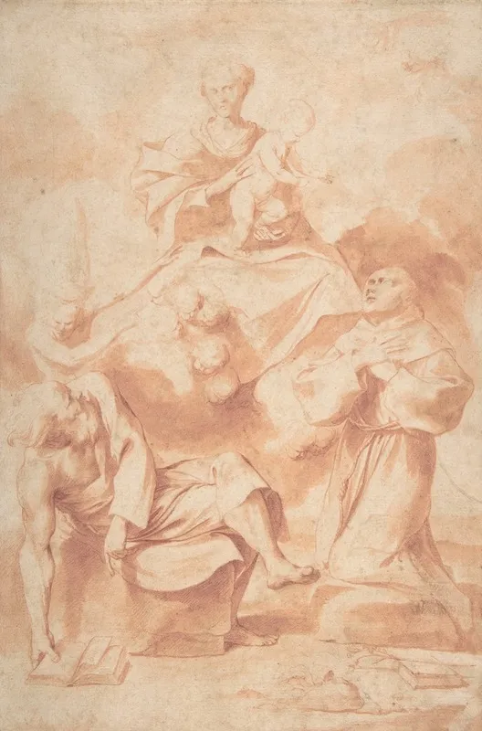 The Virgin And Child Appearing To Saint Anthony Of Padua And A Hermit Wall Art by Giovanni Angelo Canini - High-Resolution Digital Print
