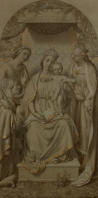 The Virgin And Child Beneath A Baldachin With Saints Agnes Dorothea And Irene Wall Art by Andreas Müller - High-Resolution Digital Print
