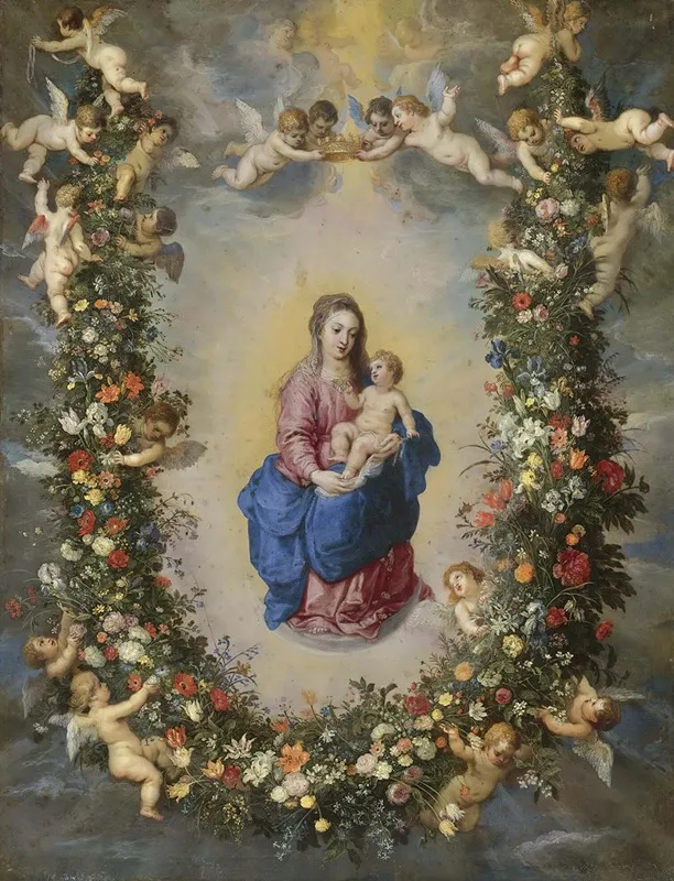 The Virgin And Child Encircled By A Garland Of Flowers Held Aloft By Cherubs Wall Art by Jan Brueghel The Elder - High-Resolution Digital Print