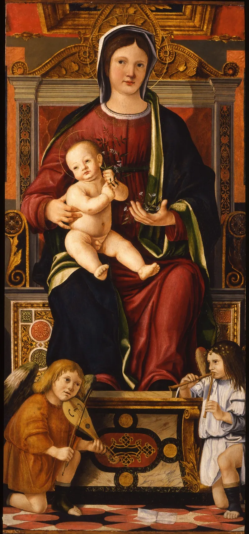 The Virgin And Child Enthroned With Two Musician Angels Wall Art by Cristoforo Caselli - High-Resolution Digital Print