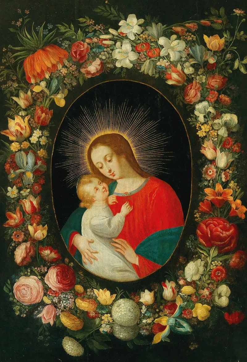 The Virgin And Child In A Cartouche Surrounded By A Garland Of Flowers Wall Art by Jan Brueghel the Younger - High-Resolution Digital Print
