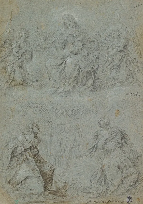 The Virgin And Child In Glory Adored By Saints Catherine And Lucy Wall Art by Dirck Hendricksz. - High-Resolution Digital Print