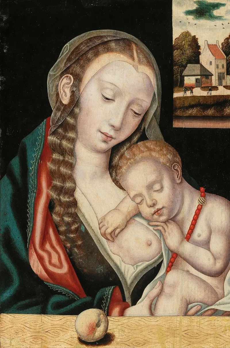 The Virgin And Child Seated Before A Ledge Wall Art by The Master of the Parrot - High-Resolution Digital Print