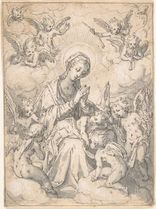 The Virgin And Child Surrounded By Little Angels In The Clouds
