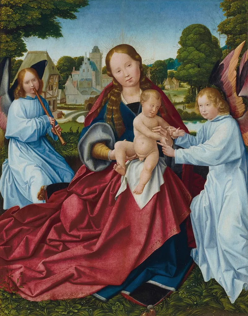 The Virgin And Child With Angels In A Landscape A Village Beyond Wall Art by Jan Provost - High-Resolution Digital Print