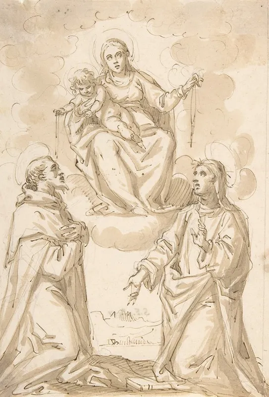 The Virgin And Child With Chaplets Appearing To Saint Dominic And Saint Catherine Of Siena Wall Art by Pietro Mera - High-Resolution Digital Print
