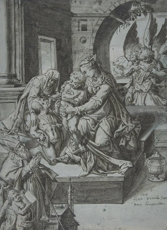 The Virgin And Child With The Infant Baptist Saint Elizabeth A Kneeling Prelate And Three Attendant Angels Wall Art by Francesco Pinna - High-Resolution Digital Print