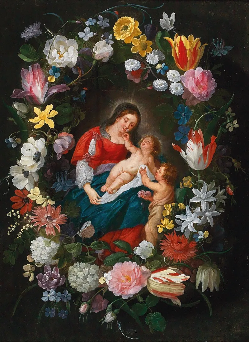 The Virgin And Child With The Infant Saint John The Baptist Surrounded By A Garland Of Flowers Wall Art by Jan Brueghel the Younger - High-Resolution Digital Print