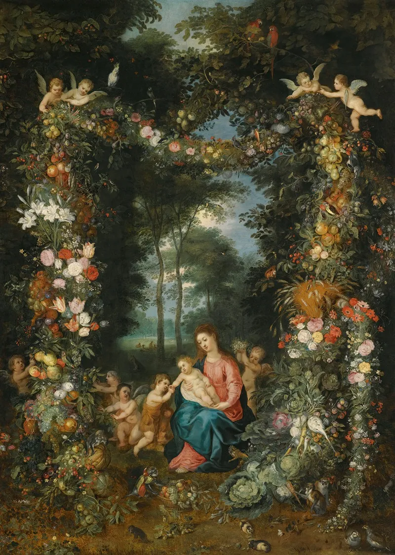 The Virgin And Child With The Infant St John The Baptist Surrounded By Garlands And Swags Of Fruit And Flowers Wall Art by Jan Brueghel the Younger - High-Resolution Digital Print