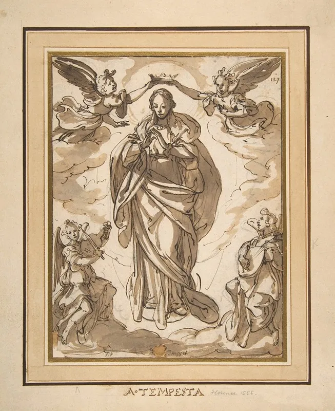 The Virgin Immaculate Crowned By Two Angels With Angel Musicians In The Foreground Wall Art by Domenico Fontana - High-Resolution Digital Print