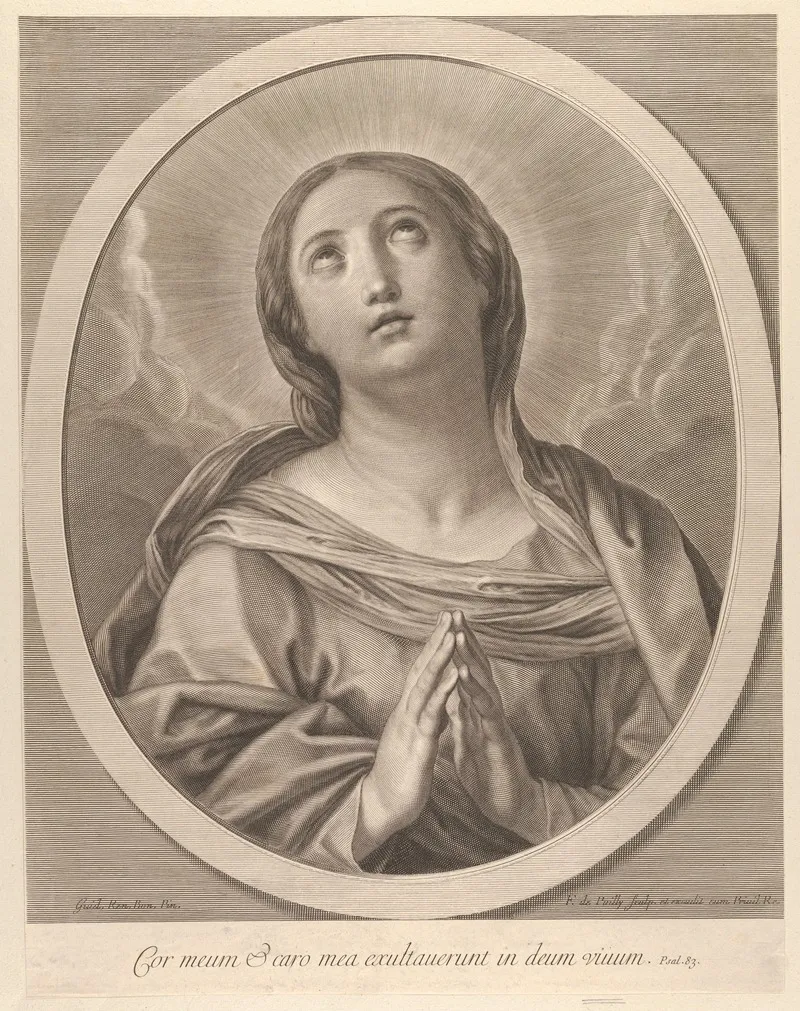 The Virgin In Prayer Looking Up With Clouds Behind Her In An Oval Frame After Reni Wall Art by Francois de Poilly - High-Resolution Digital Print