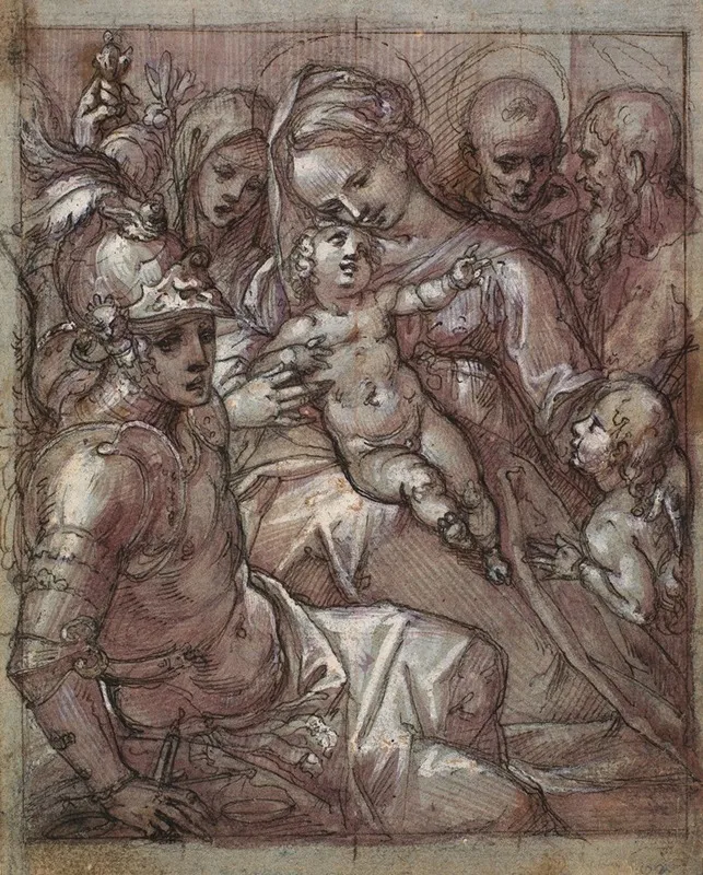 The Virgin Mary And The Child Jesus With John The Baptist As A Boy Bernardino Of Siena Kathrine Of Siena The Archangel Michael And A Bearded Saint Wall Art by Francesco Rustici - High-Resolution Digital Print