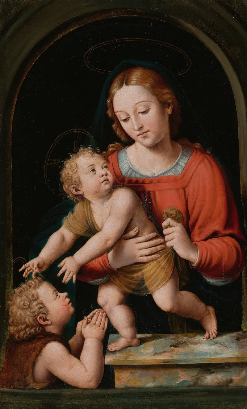 The Virgin Mary With The Christ Child And The Infant Saint John The Baptist Wall Art by Joan Macip - High-Resolution Digital Print