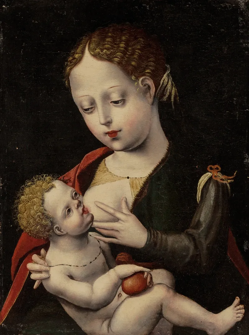 The Virgin Nursing The Christ Child Wall Art by The Master of the Parrot - High-Resolution Digital Print
