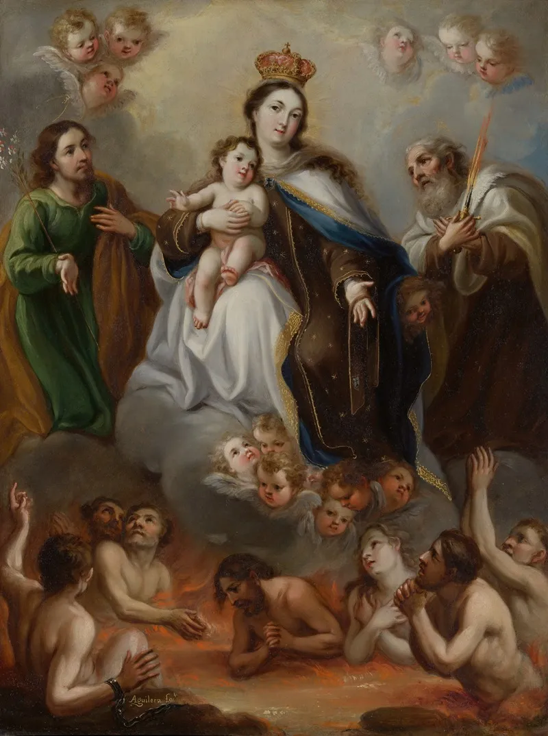 The Virgin Of Carmen And The Souls Of Purgatory With St Joseph And The Prophet Elijah Wall Art by Juan Francisco de Aguilera - High-Resolution Digital Print