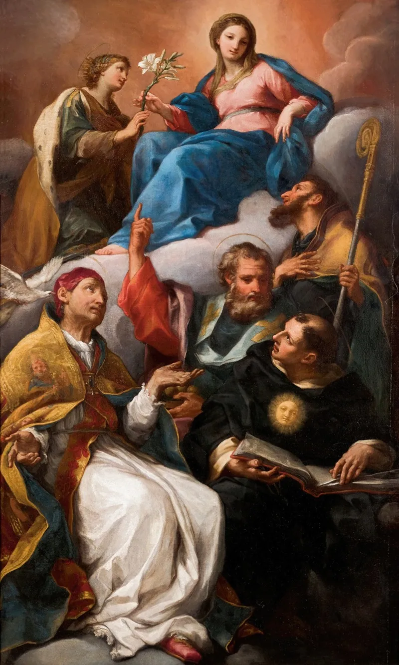 The Virgin Of The Immaculate Conception With Saints Catherine Of Alexandria Augustine Of Hippo Nicholas Of Bari Nicholas Of Tolentino And Gregory The Great Wall Art by Circle Of Carlo Maratta - High-Resolution Digital Print