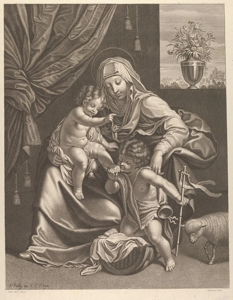 The Virgin Seated With The Infant Christ On Her Lap The Young Saint John The Baptist Kneeling On Christs Cradle And Kissing His Foot Wall Art by Francois de Poilly - High-Resolution Digital Print