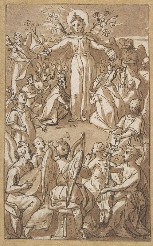 The Virgin Surrounded By Angels And Representatives Of Secular And Ecclesiastical Authorities Wall Art by Pieter de Jode I - High-Resolution Digital Print
