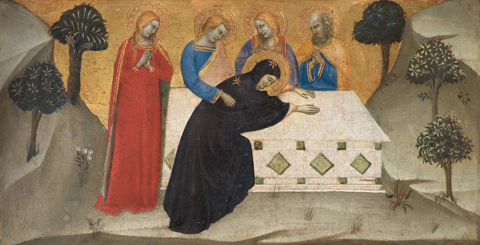 The Virgin Swooning And The Three Maries At The Tomb Of Christ Wall Art by Puccio di Simone - High-Resolution Digital Print