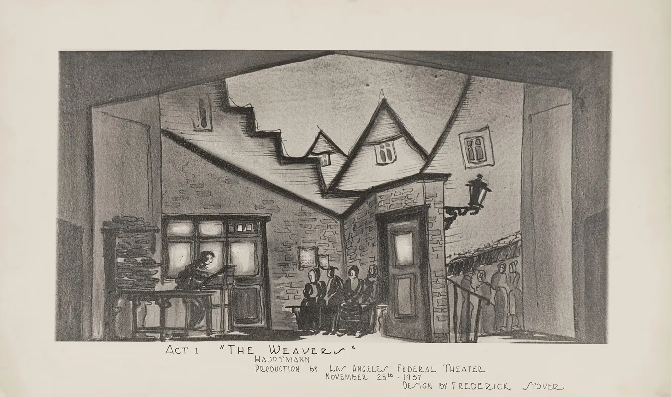 The Weavers Act 1 Shop Interior Against City Rooftops Wall Art by Frederick Stover - High-Resolution Digital Print