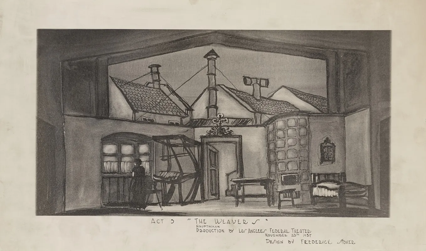The Weavers Act 5 Weaving Shop And Domestic Interior Against City Rooftops Bw Wall Art by Frederick Stover - High-Resolution Digital Print