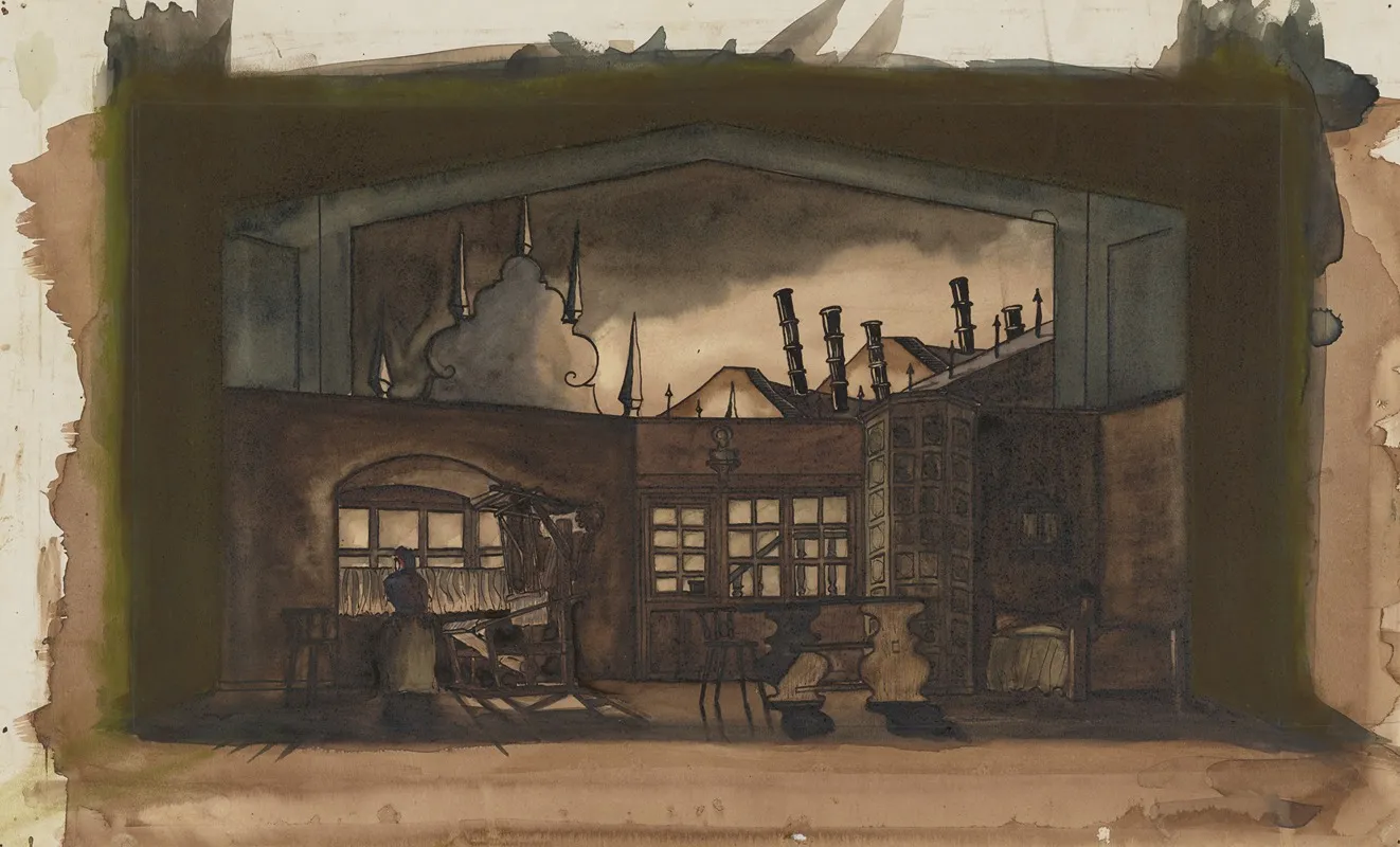 The Weavers Sketch No 7 Weaving Shop And Domestic Interior Against City Rooftops Color Wall Art by Frederick Stover - High-Resolution Digital Print