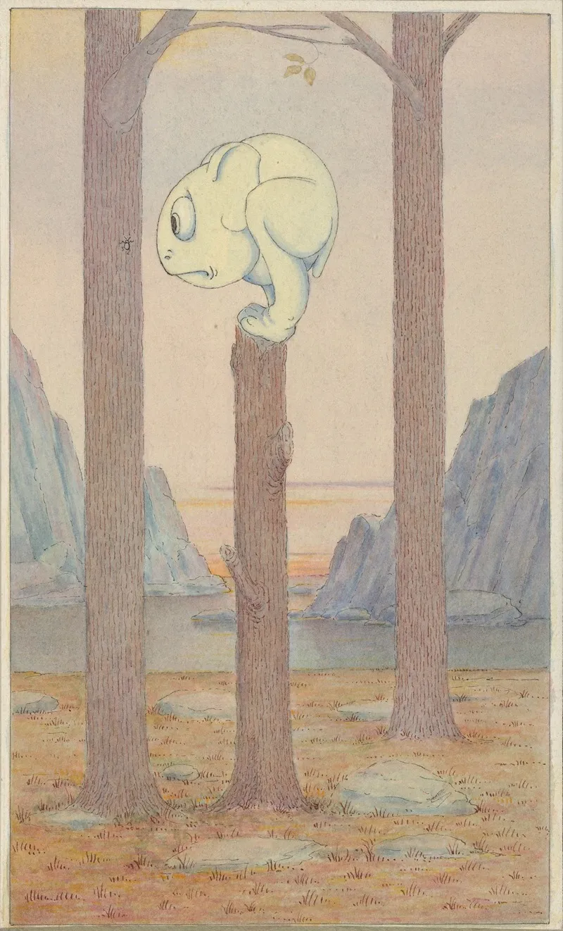 The Wiggle Much Creature On A Tree Stump Looking At A Bug Wall Art by Herbert Crowley - High-Resolution Digital Print
