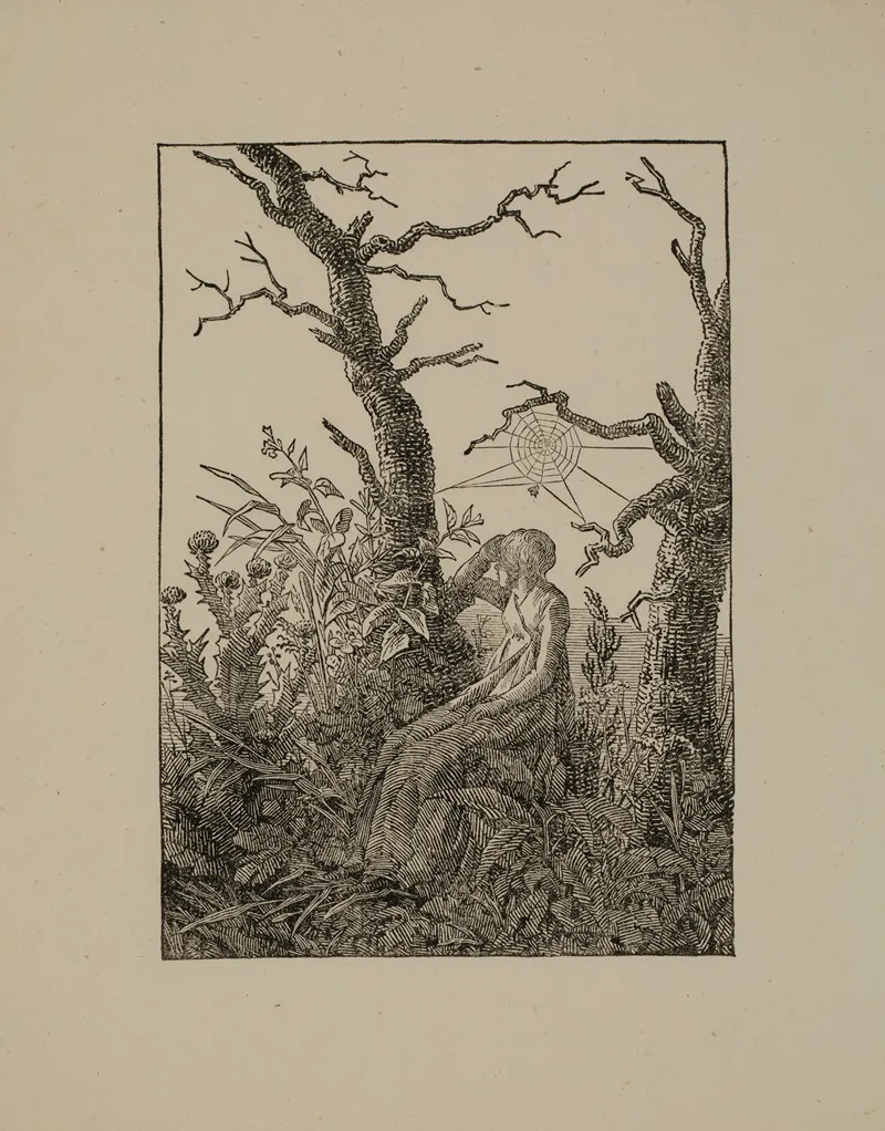 The Woman With The Spiders Web Between Bare Trunks Melancholy Wall Art by Christian Friedrich - High-Resolution Digital Print
